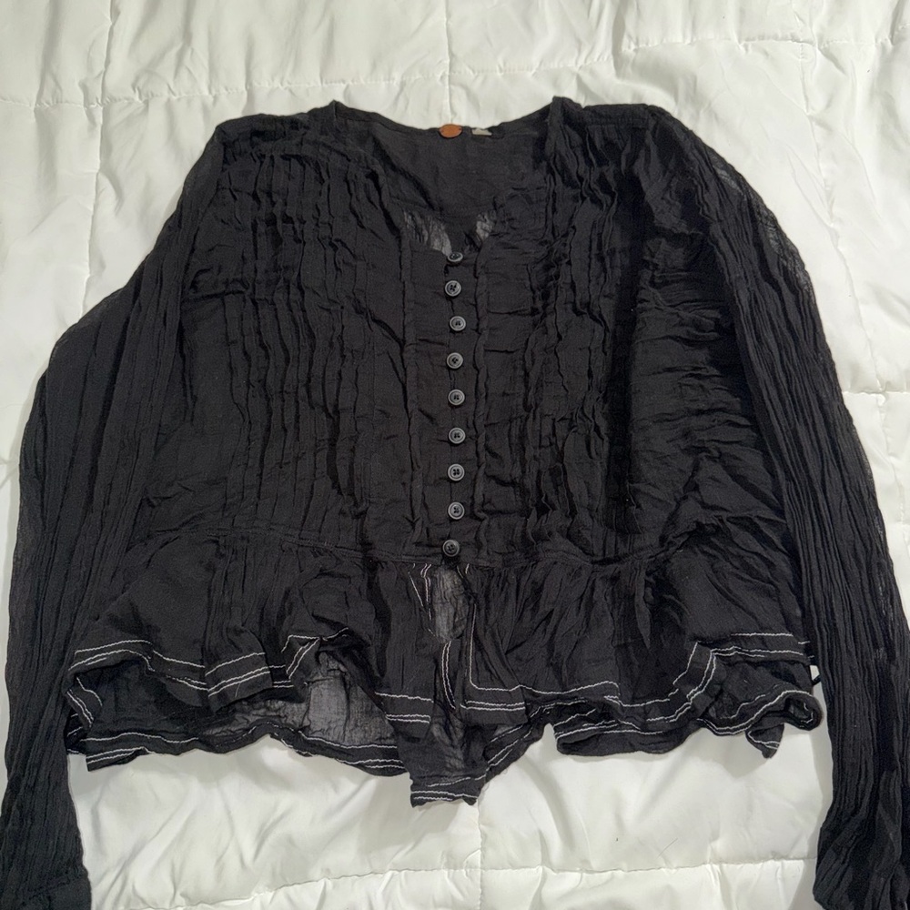 FP ONE Black Button-Front Long Sleeve Women's Top